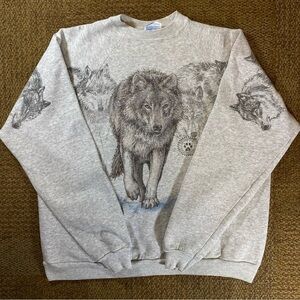 Vintage 90s Wolf Pack Graphic Grey Crewneck Sweater